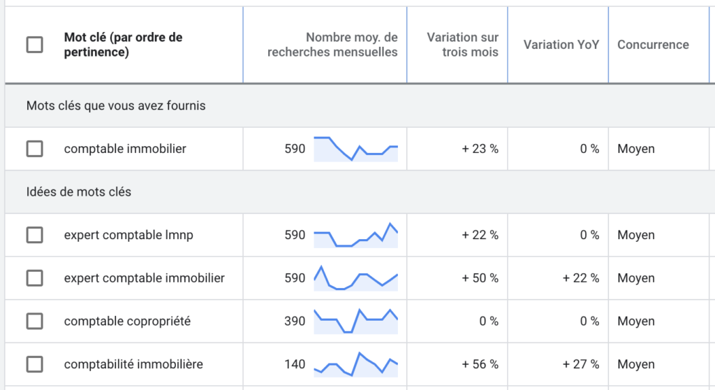 Extrait du Keyword Planner de Google Ads