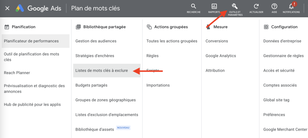 Comment ajouter des listes de mots-clés négatifs dans Google Ads.