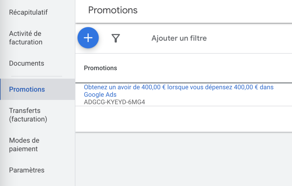 Exemple de promotion de 400€ dans Google Ads